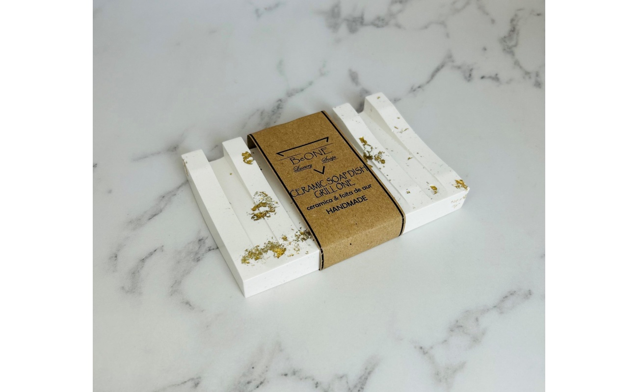 CERAMIC SOAP DISH ONE GRILL WHITE ~ SAVONIERA DIN PRAF CERAMIC SI FOITA DE AUR ~