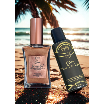 Combo Glow Bronze Oil + Glow Fast-Tan Elixir Toffee - ulei accelerator de bronz cu aroma intensa de caramel si ulei radiant bronzant cu particule stralucitoare